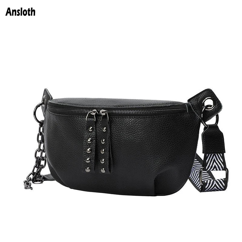 Wide Strap Shoulder Bags Women Rivet Crossbody Bag Leather Bag Multifunctional
