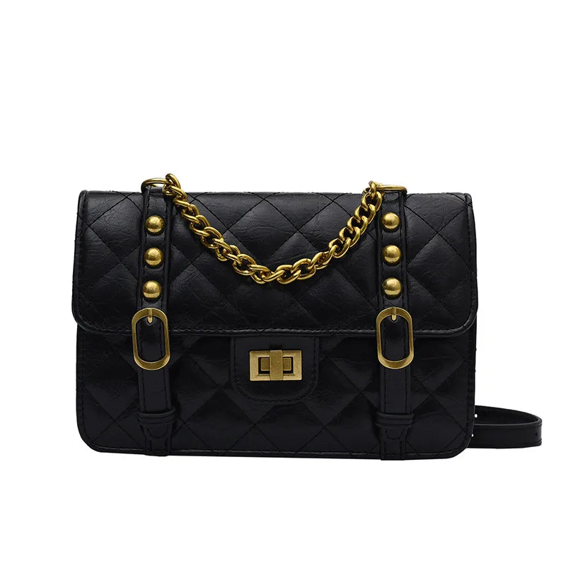 Vintage Chain Shoulder Bag PU Leather Diamond Lattice Messenger Bag