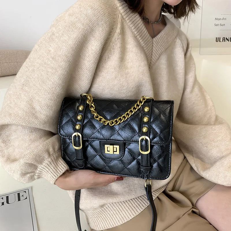 Vintage Chain Shoulder Bag PU Leather Diamond Lattice Messenger Bag