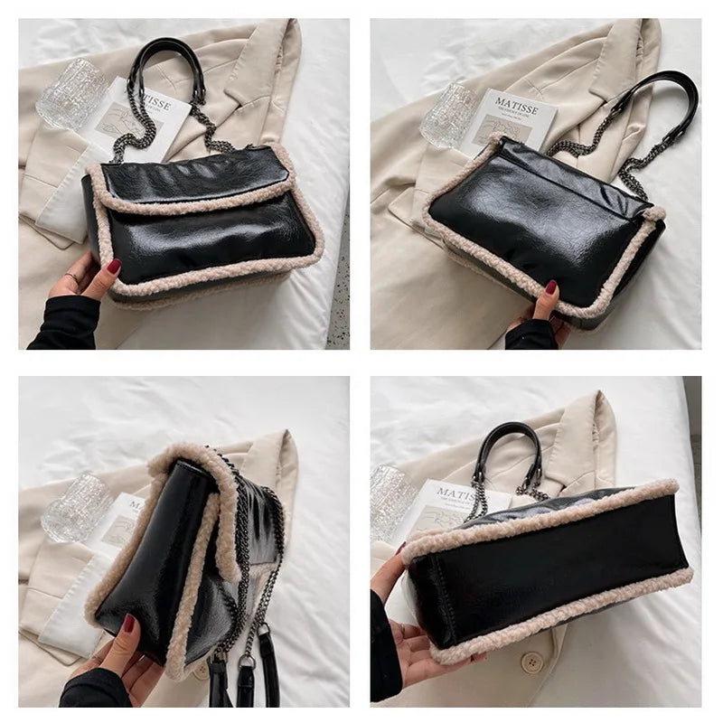 Vintage Oil Wax Leather Shoulder Bag Lamb Wool Messenger Chain Bag HPS1272