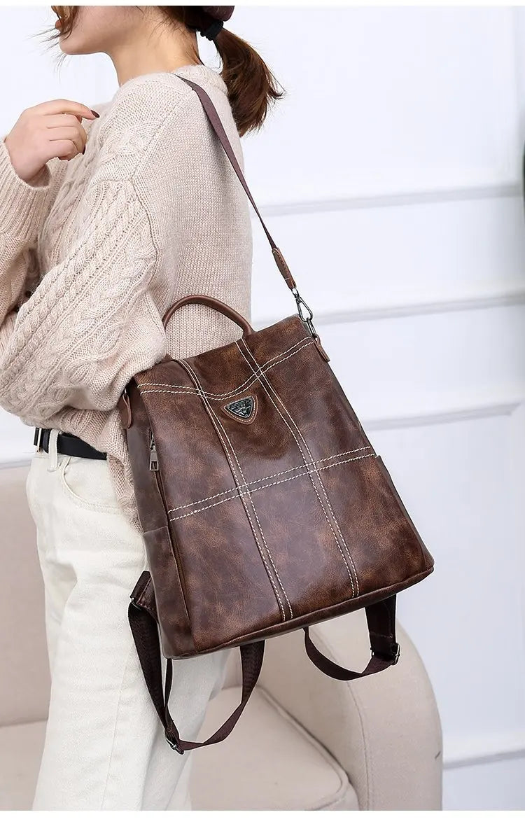 Women's Anti-theft Brown Backpack, Waterproof PU Leather Travel Crossbody Bag
