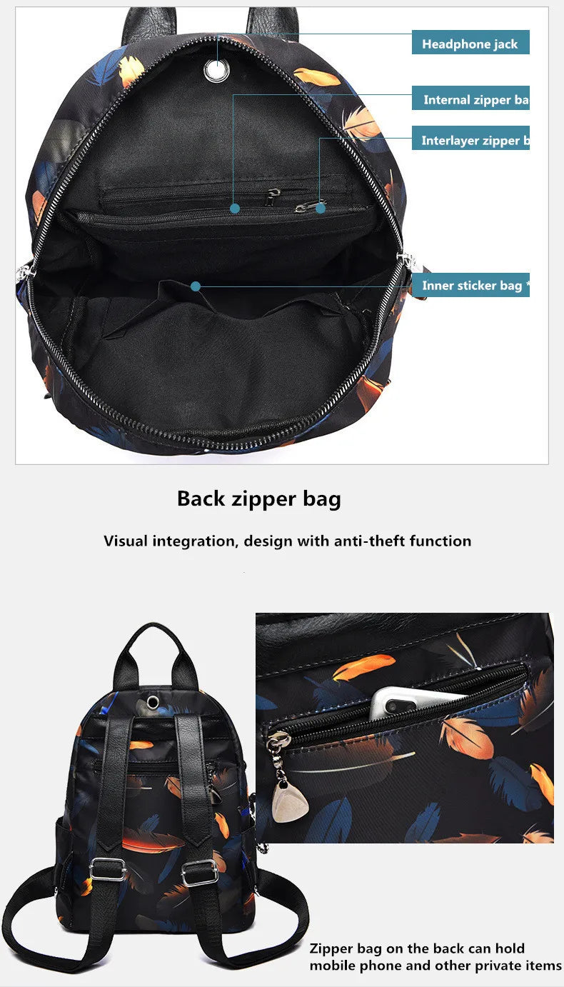 Feather Print Anti-thief Backpack Waterproof Travel Schoolbag
