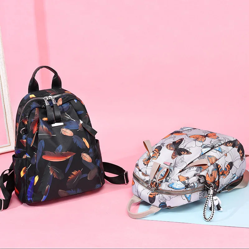Anti-thief Feather Print Backpack Female Oxford Cloth Waterproof Travel