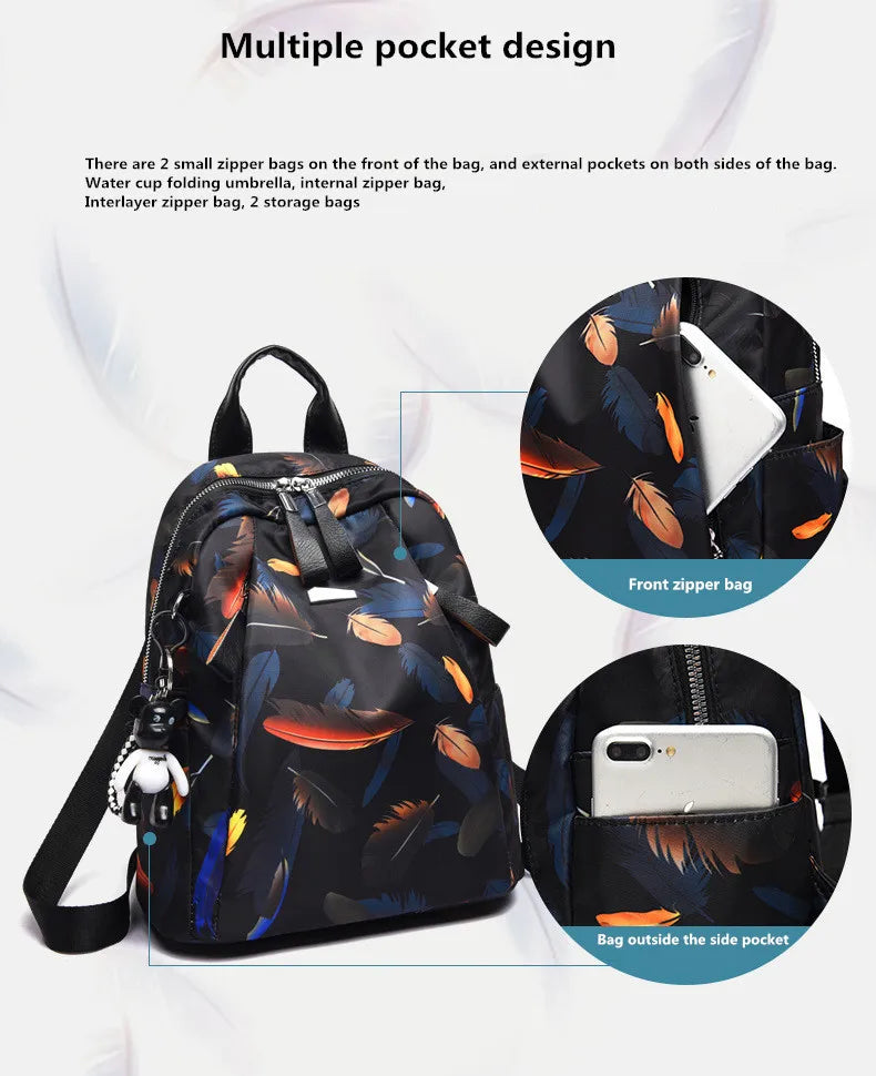 Feather Print Anti-thief Backpack Waterproof Travel Schoolbag