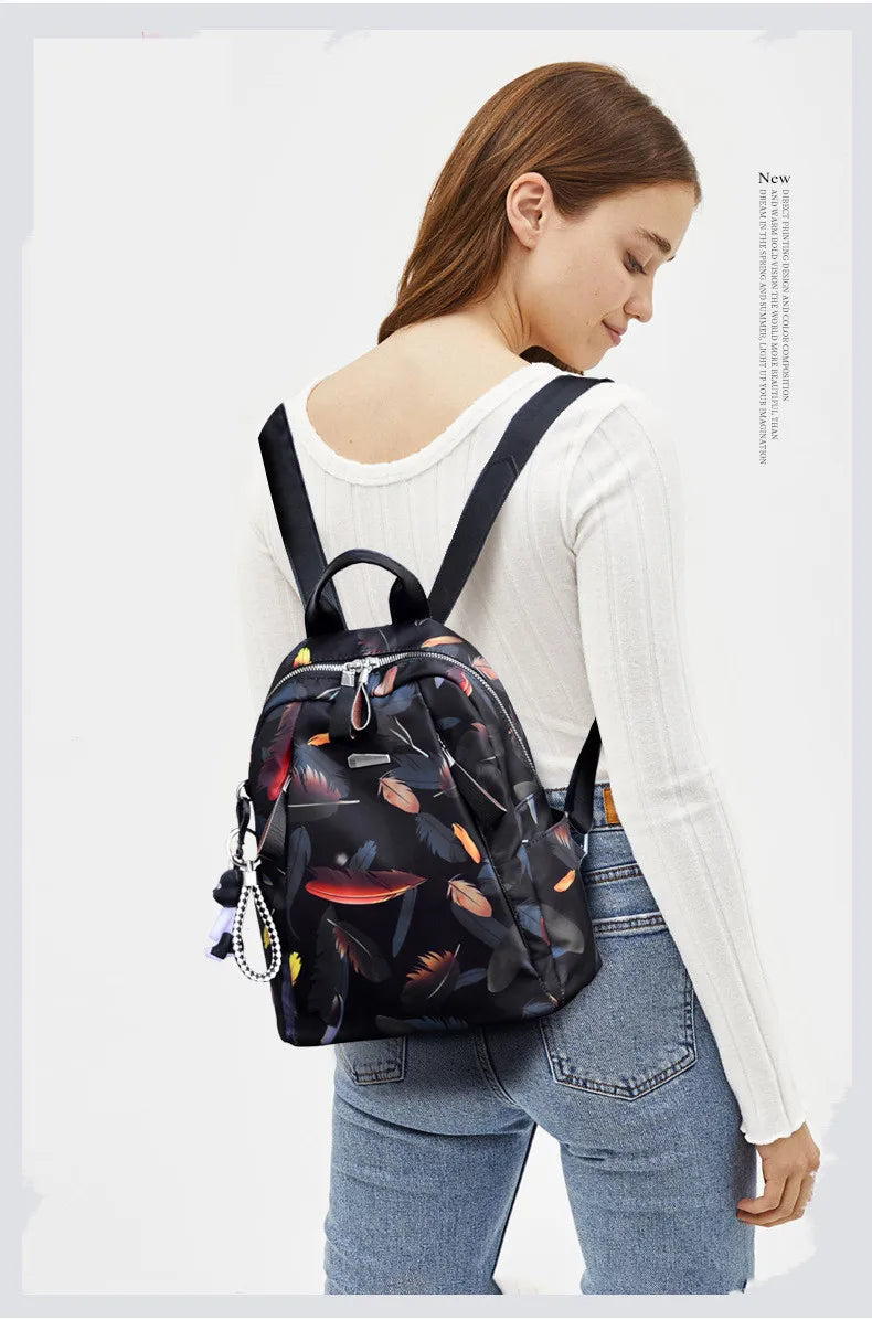 Feather Print Anti-thief Backpack Waterproof Travel Schoolbag