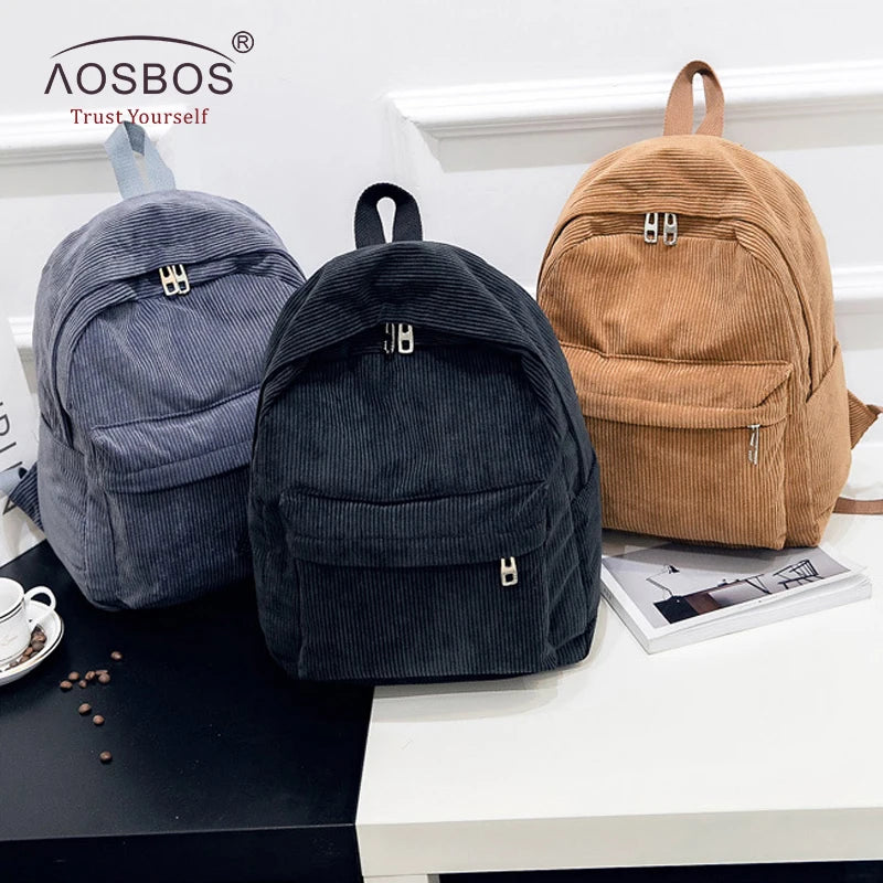 Corduroy School Bag for Girls Teenage Casual Students Laptop Backpack