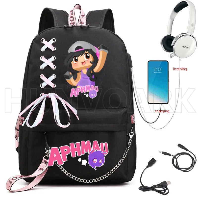 Aphmau Backpack USB Charging Laptop Backpack High School Bag