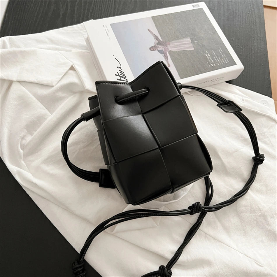Autumn Weave Small Bucket Bag PU Leather Shoulder Handbag Crossbody Bag