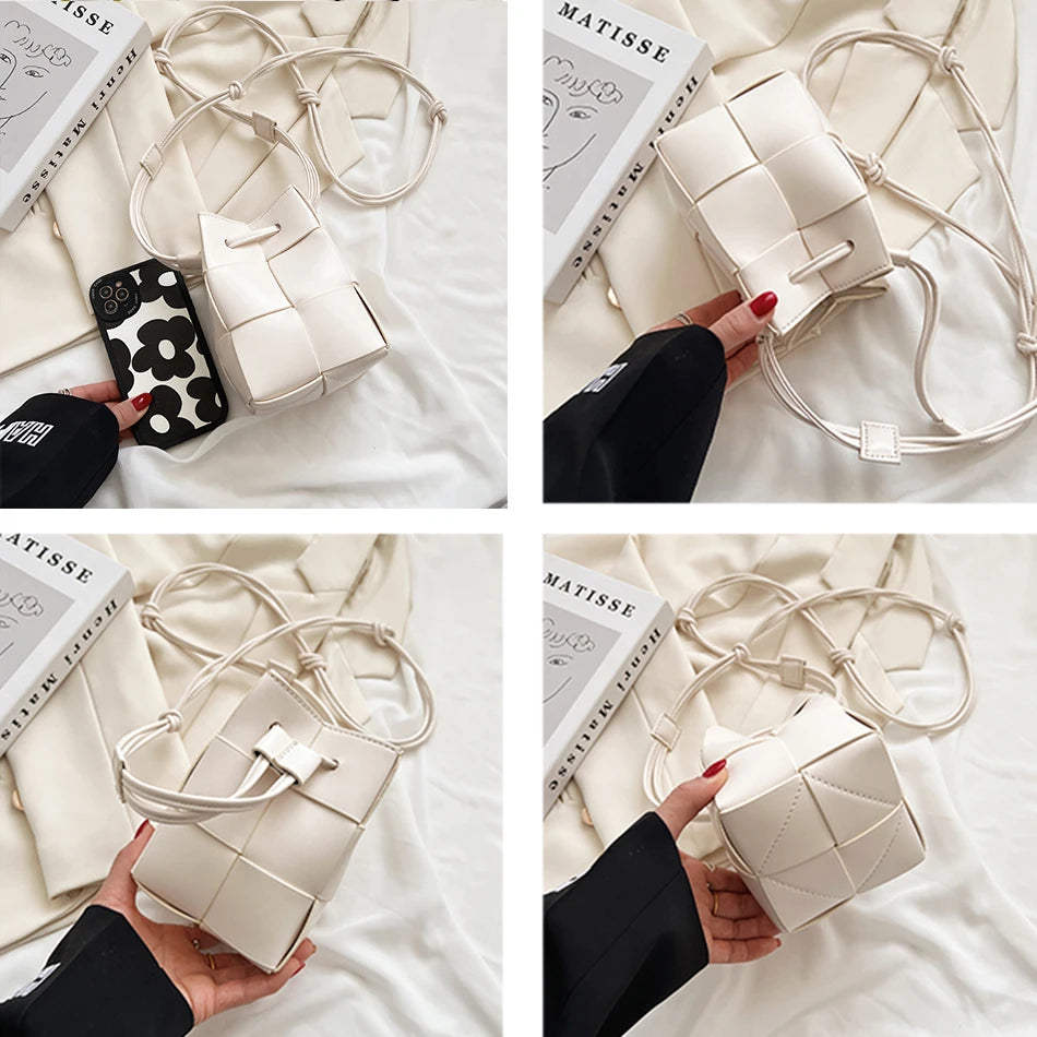 Autumn Weave Small Bucket Bag PU Leather Shoulder Handbag Crossbody Bag