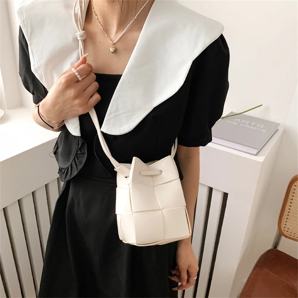 Autumn Weave Small Bucket Bag PU Leather Shoulder Handbag Crossbody Bag