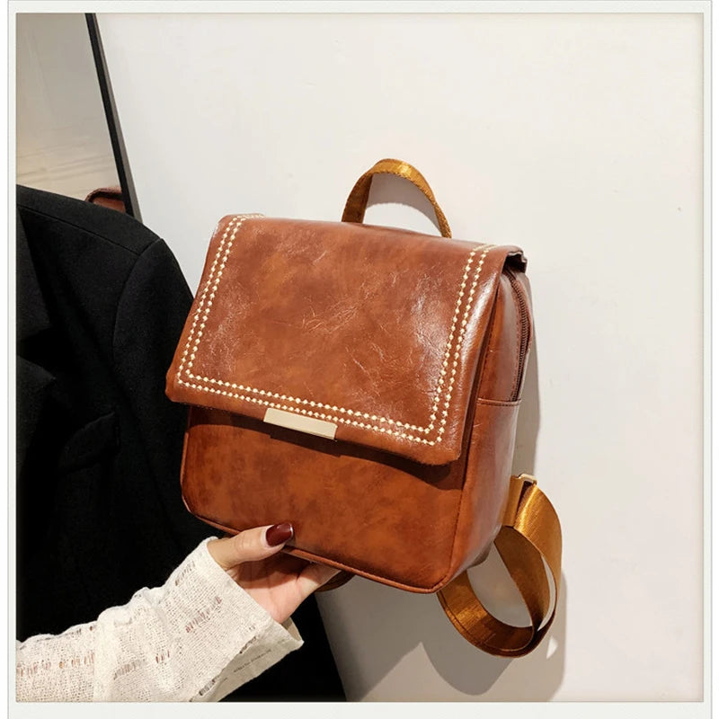 Autumn Retro Backpack Shoulder Bags for Women PU Leather Knapsack