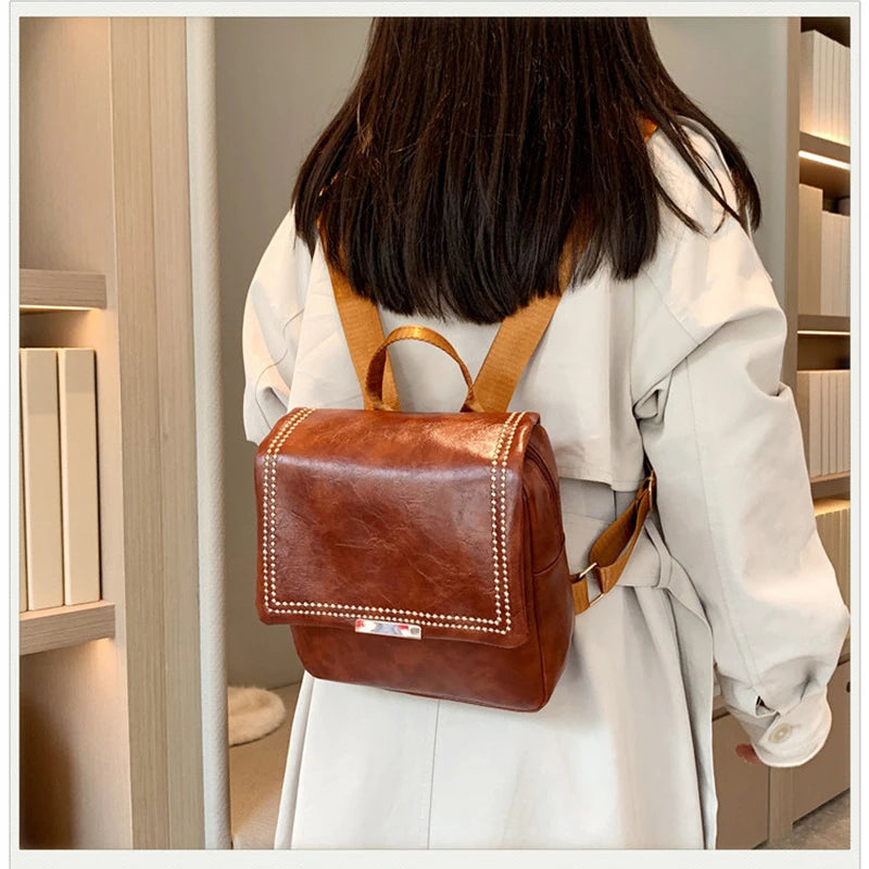 Autumn Retro Backpack Shoulder Bags for Women PU Leather Knapsack