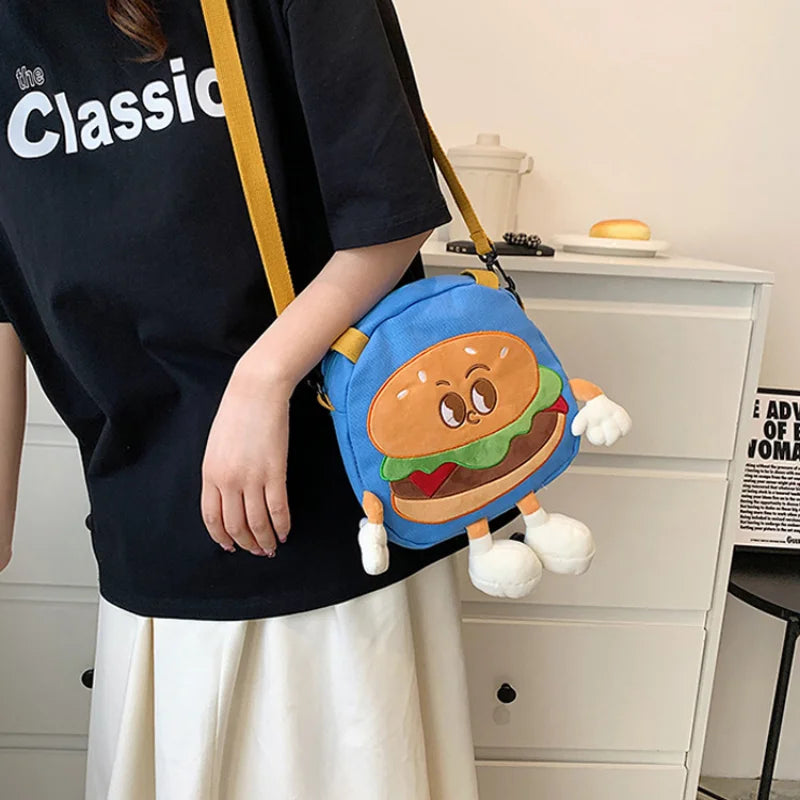 Women's Cartoon Hamburg Crossbody Bag - Canvas Student Handbag