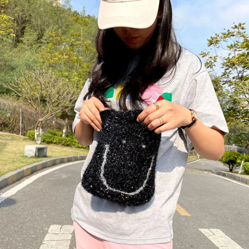 Autumn Winter Women's Smiley Face Cotton Thread Handbag Casual Bucket Bag