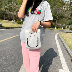 Autumn Winter Women's Smiley Face Cotton Thread Handbag Casual Bucket Bag