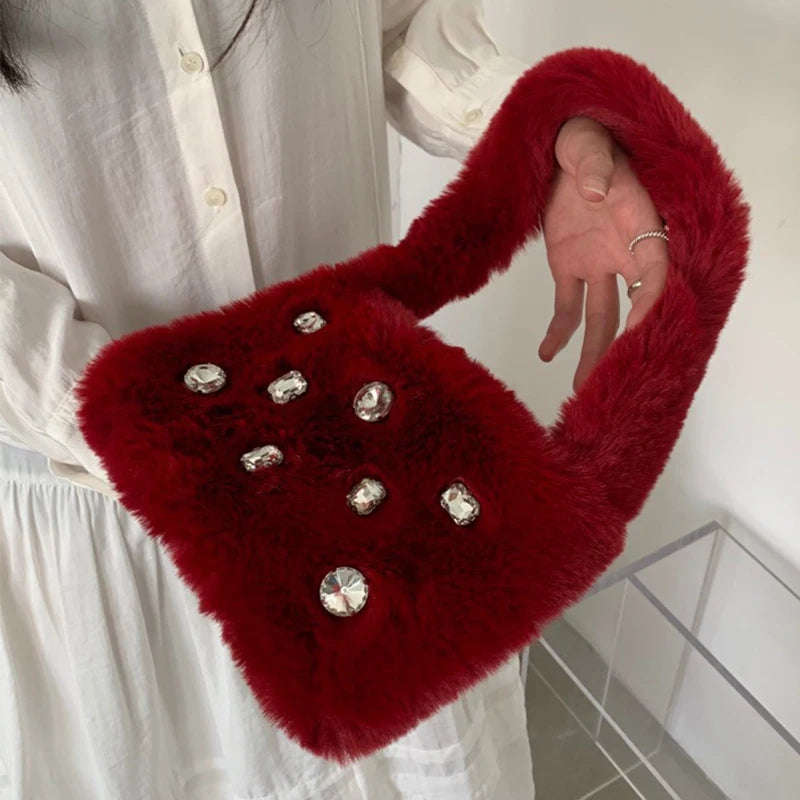 Women's Plush Shoulder Bag with Foreign Air Diamond Handbag