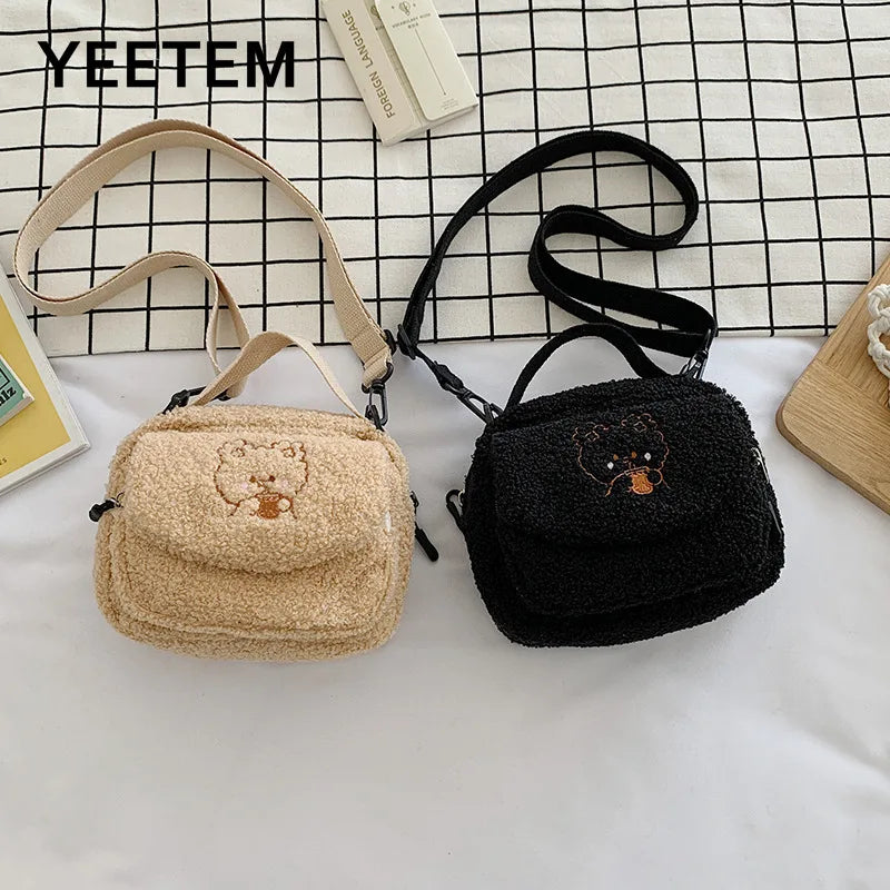 Autumn Winter Lambswool Bear Embroidery Shoulder Bag For Women