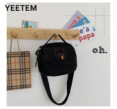 Autumn Winter Lambswool Bear Embroidery Shoulder Bag For Women