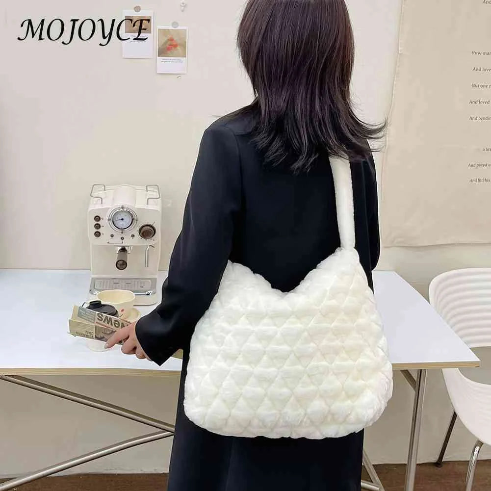 Soft Plush Casual Shopper Bag Fluffy Rhombus Pattern Lady Satchel
