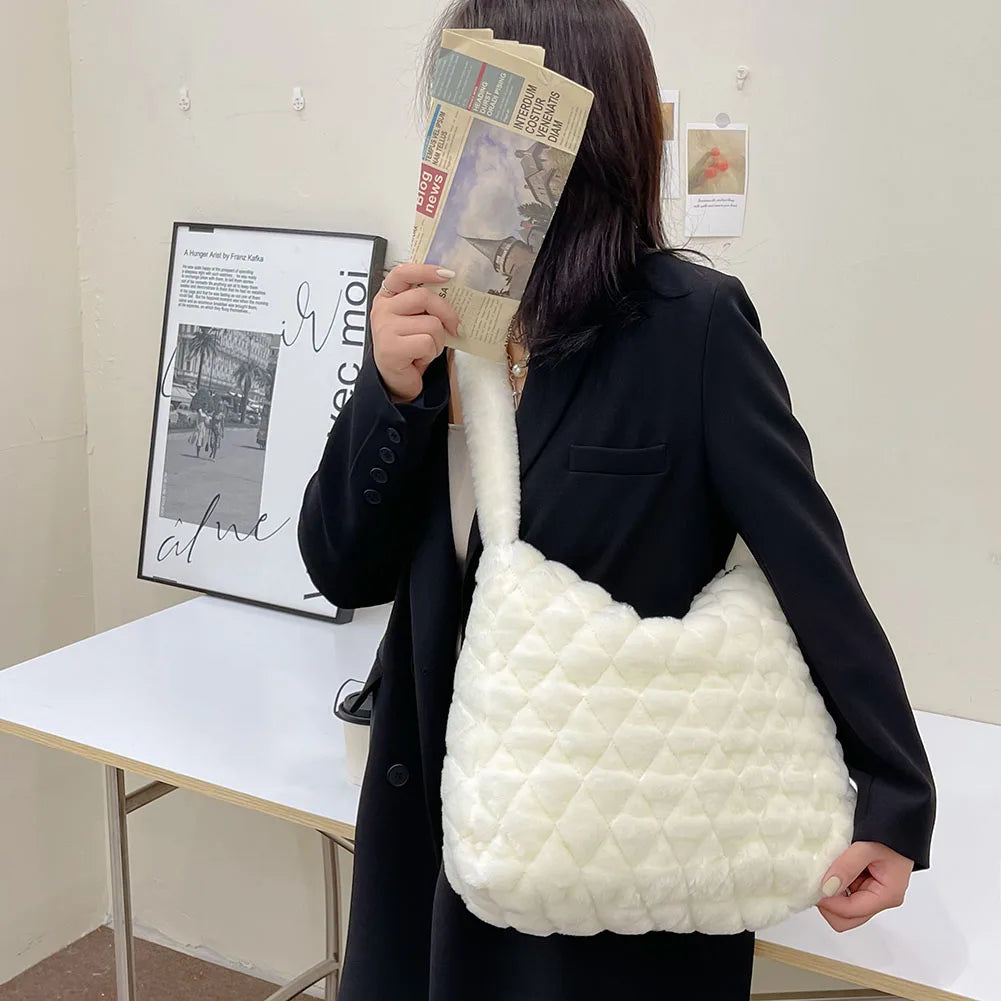 Soft Plush Handbag Large Tote Bag Feather Padded Quilted Shopper Bag