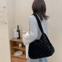 Soft Plush Handbag Large Tote Bag Feather Padded Quilted Shopper Bag