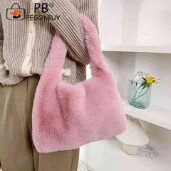 Plush Fluffy Tote Bag for Women Casual Furry Large Winter Shoulder Handbag