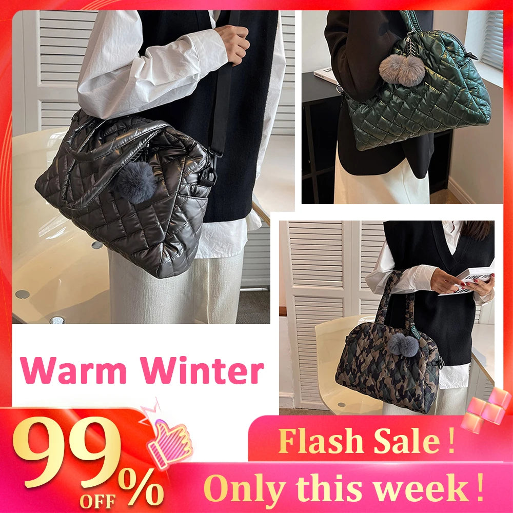 Quilted Shoulder Bag with Pompom Pendant, Large Capacity Messenger Bag
