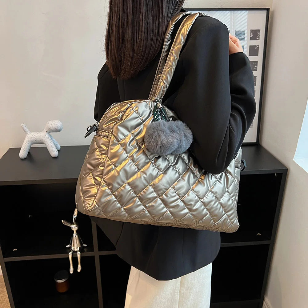 Quilted Shoulder Bag with Pompom Pendant, Large Capacity Messenger Bag