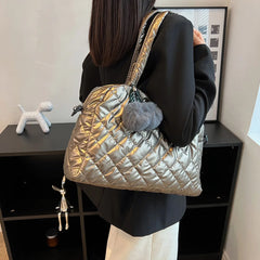 Quilted Shoulder Bag with Pompom Pendant, Large Capacity Messenger Bag