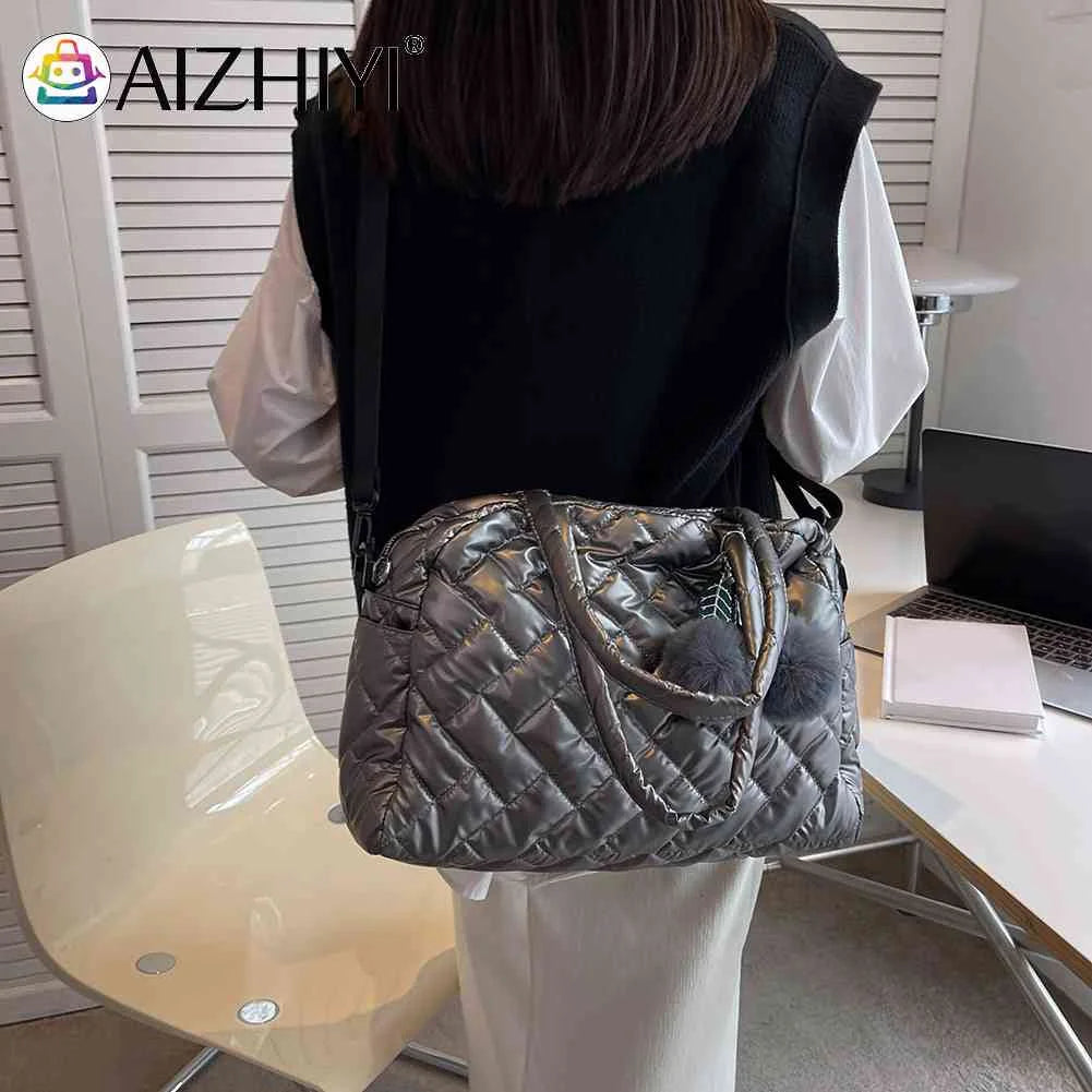 Quilted Shoulder Bag with Pompom Pendant