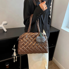 Quilted Shoulder Bag with Pompom Pendant, Large Capacity Messenger Bag