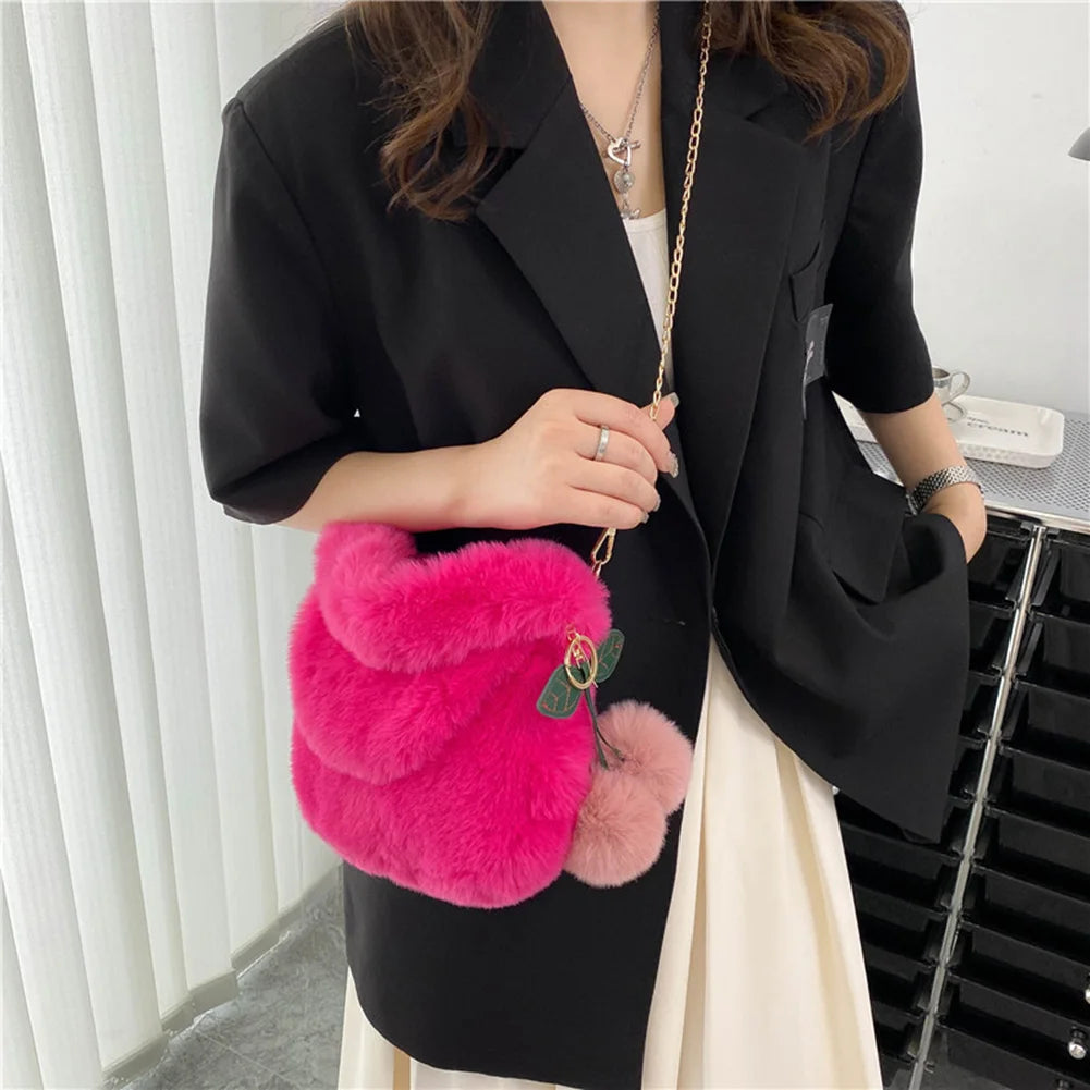 Plush Messenger Bag w/ Pompom Pendant Soft Fur Chain Satchel