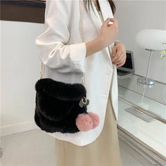 Plush Messenger Bag w/ Pompom Pendant Soft Fur Chain Satchel