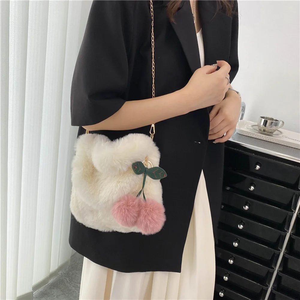 Plush Messenger Bag with Fur Chain & Pompom Pendant