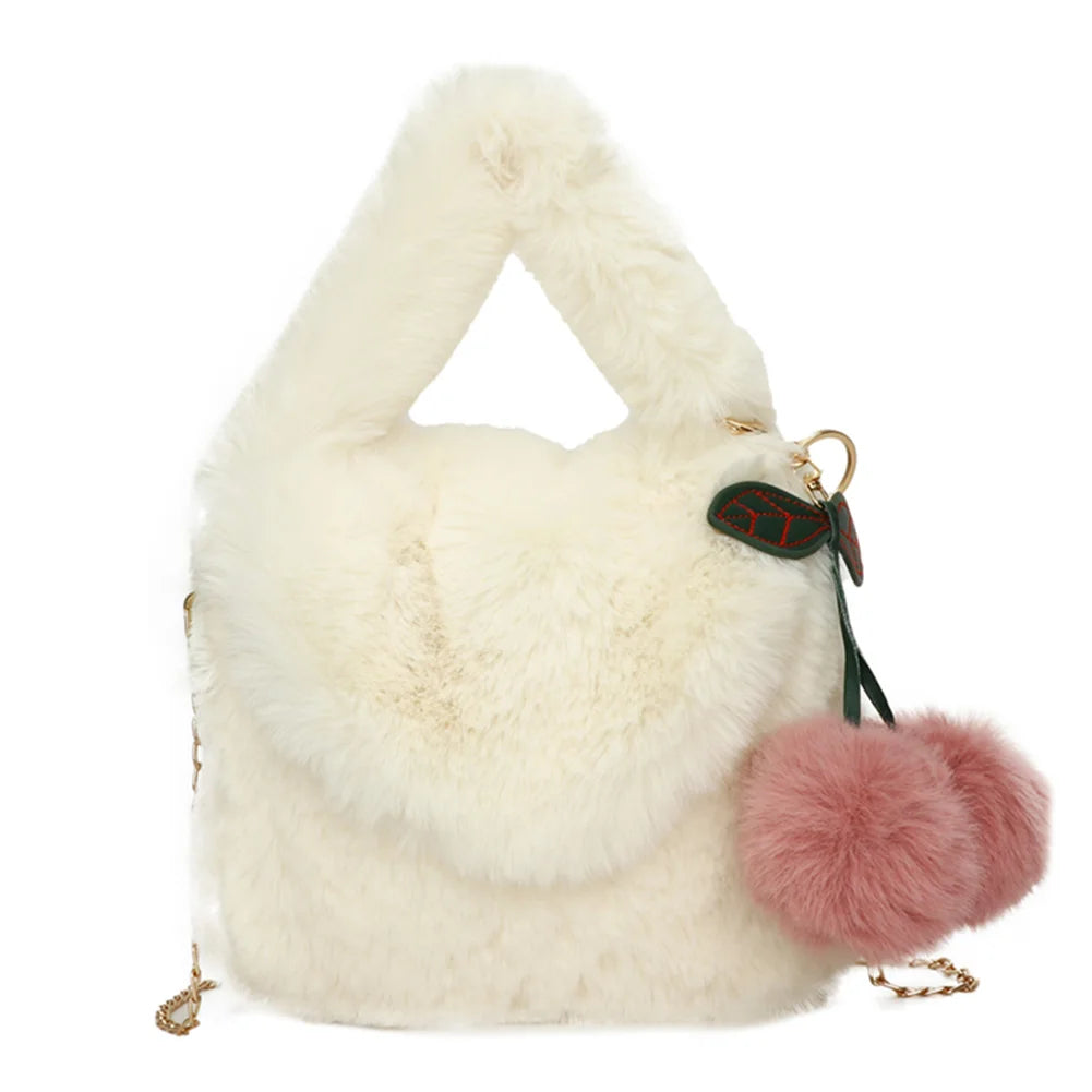 Plush Messenger Bag with Fur Chain & Pompom Pendant