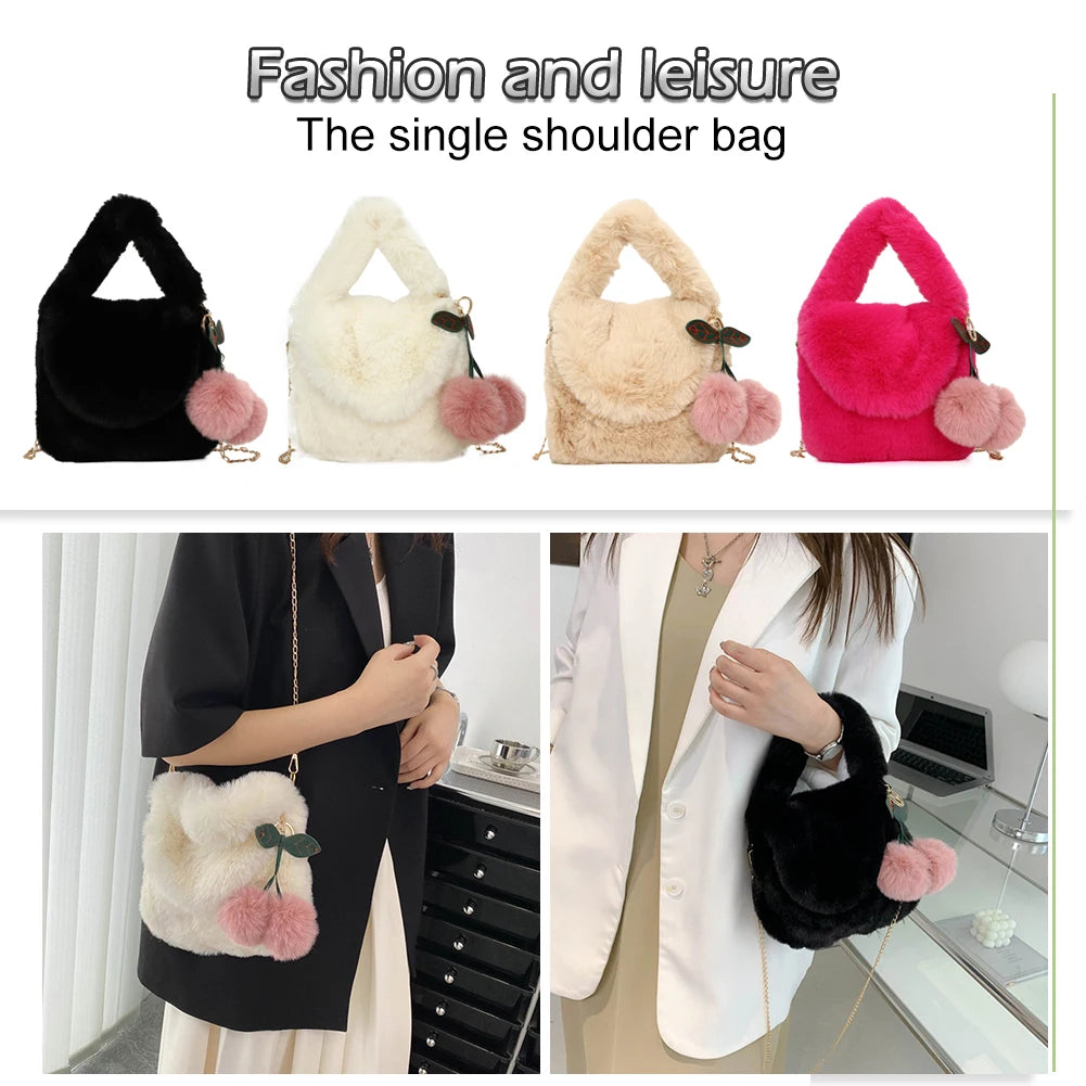 Plush Messenger Bag with Fur Chain & Pompom Pendant