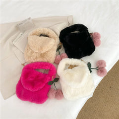 Plush Messenger Bag w/ Pompom Pendant Soft Fur Chain Satchel
