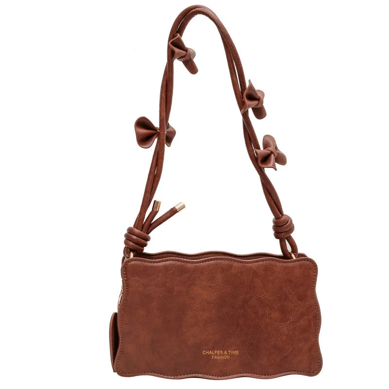 Women Bow PU Leather Underarm Bag Retro Handbag