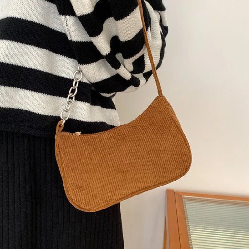 Autumn Winter Retro Corduroy Shoulder Bag Chain Solid Plush Handbag