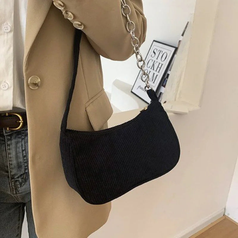 Autumn Winter Retro Corduroy Shoulder Bag Chain Solid Plush Handbag