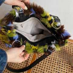 Women's Oil Painting Art Shoulder Bag Western Style Retro Plush Handbag