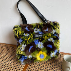 Women's Oil Painting Art Shoulder Bag Western Style Retro Plush Handbag