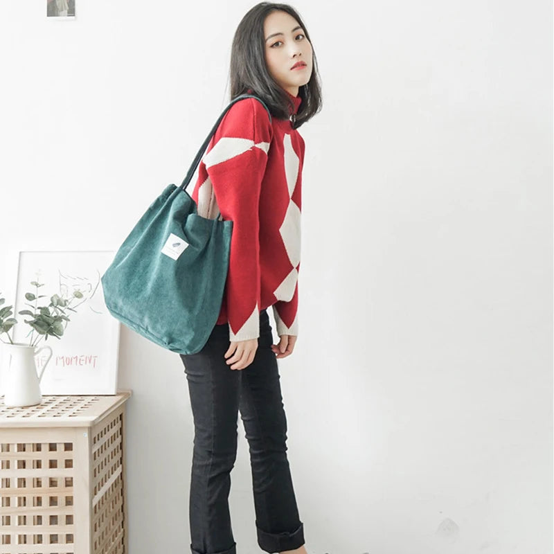 Corduroy Magnetic Button Shoulder Bag Large Capacity