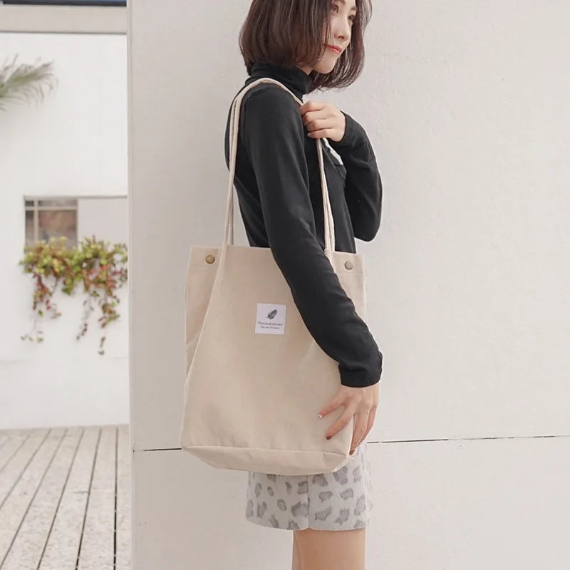 Corduroy Magnetic Button Shoulder Bag Large Capacity
