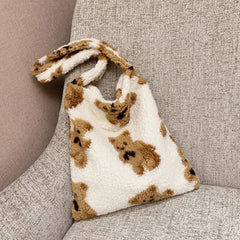 Plush Fluffy Underarm Bags Women Cartoon Bear Print Handbags Large Capacity