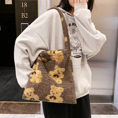 Plush Fluffy Underarm Bags Women Cartoon Bear Print Handbags Large Capacity