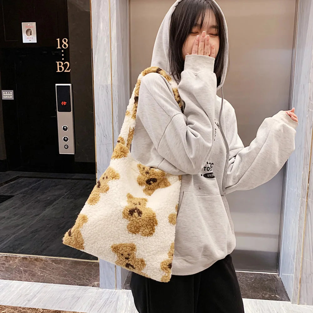Plush Fluffy Underarm Bags Women Cartoon Bear Print Handbags Large Capacity