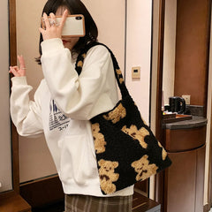 Plush Fluffy Underarm Bags Women Cartoon Bear Print Handbags Large Capacity
