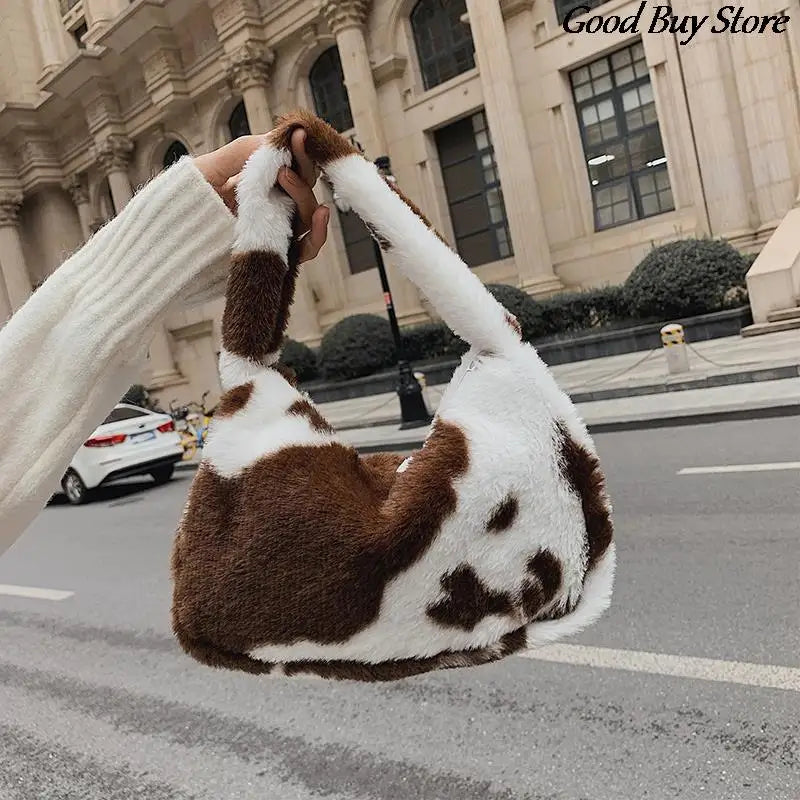 Autumn Winter Plush Handbags Flower Leopard Fluffy Fur Totes