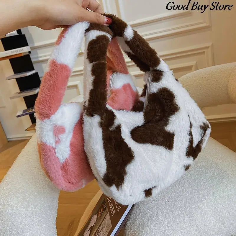 Autumn Winter Plush Handbags Flower Leopard Fluffy Fur Totes